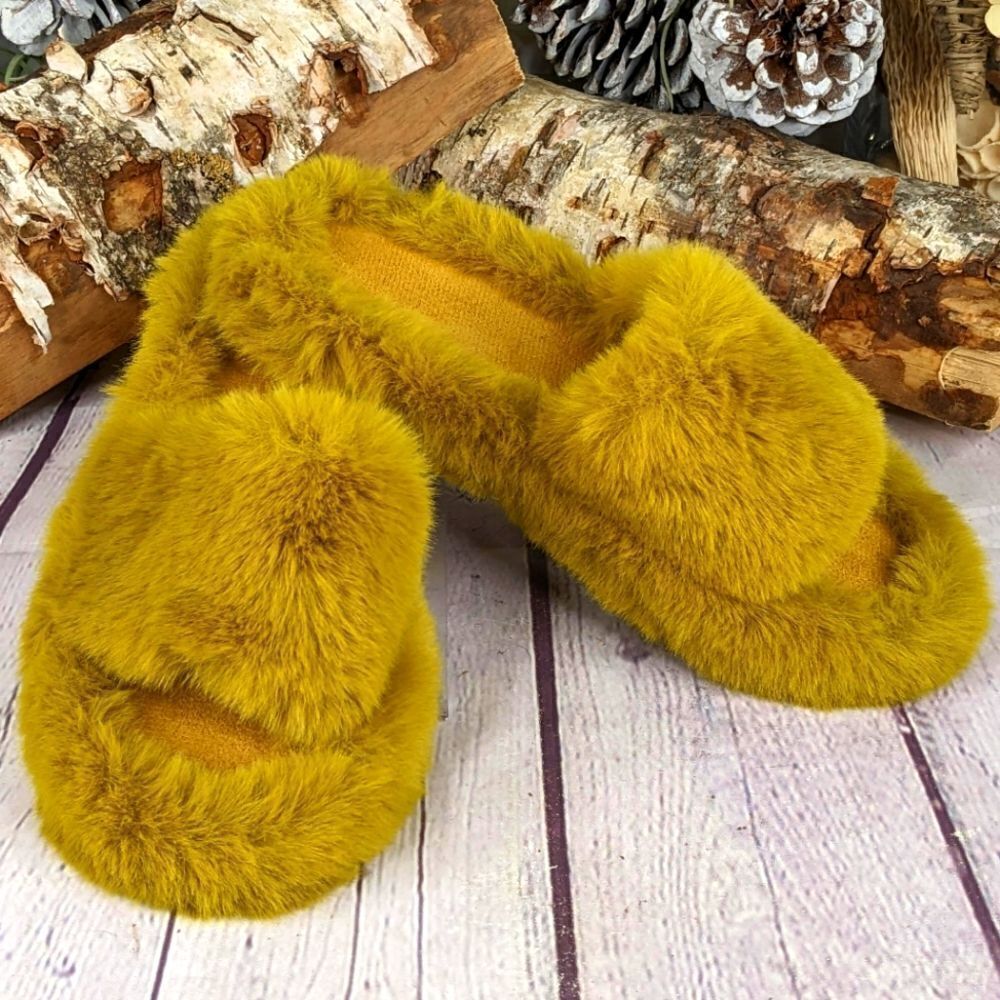 Super Soft and Fluffy Open Toe Faux Fur Slippers - Mustard Yellow